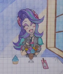 Size: 2621x3104 | Tagged: safe, artist:nintencano, starlight glimmer, human, equestria girls, beanie, blushing, breasts, clothes, date, food, graph paper, happy, hat, humanized, ice cream, light skin, lined paper, solo, that human sure does love ice cream, traditional art