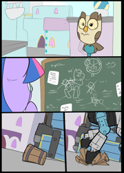 Size: 697x967 | Tagged: safe, artist:metal-kitty, derpibooru import, owlowiscious, twilight sparkle, twilight sparkle (alicorn), alicorn, pony, robot, chalkboard, comic, female, mann vs machine, mare, medic, team fortress 2