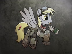 Size: 4000x3000 | Tagged: safe, artist:selenophile, derpy hooves, pegasus, pony, :p, armor, bandana, clothes, collar, energy weapon, fallout, female, flying, goggles, hooves, jet, jet (drug), laser pistol, mare, shoes, silly, smiling, sneakers, solo, spiked collar, spread wings, tongue out, wasteland, weapon, wings