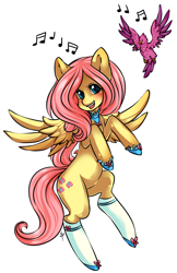 Size: 1246x1920 | Tagged: safe, artist:tiki-sama, fluttershy, bird, pegasus, pony, blushing, clothes, collar, flying, looking at you, singing, socks, solo