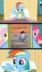 Size: 871x1500 | Tagged: safe, derpibooru import, fluttershy, pinkie pie, rainbow dash, earth pony, pegasus, pony, book, exploitable meme, meme, obligatory pony, reading rainbow