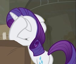 Size: 491x412 | Tagged: safe, screencap, rarity, pony, unicorn, the saddle row review, bipedal, box, butt, cropped, female, floppy ears, hooves on ears, mare, plot, rearity, solo, stressed, this will not end well