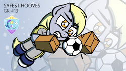 Size: 1920x1080 | Tagged: safe, artist:ashtoneer, derpy hooves, pegasus, pony, 4chan, 4chan cup, clothes, female, football, goalie, goalkeeper, jersey, mare, paper bag, safest hooves, shoes, solo, sports, text, wallpaper, zoom layer