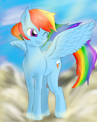 Size: 1546x1939 | Tagged: safe, artist:汚自慰, derpibooru import, rainbow dash, pegasus, pony, one eye closed, pixiv, solo, spread wings, wings