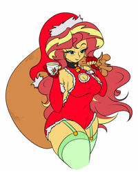 Size: 2000x2500 | Tagged: safe, artist:albertbm, sunset shimmer, equestria girls, boob window, breasts, christmas, cleavage, clothes, costume, female, fingerless gloves, gloves, hat, holiday, leotard, sack, santa costume, santa hat, simple background, solo, white background