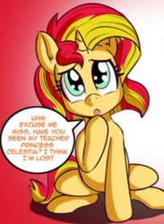 Size: 630x859 | Tagged: safe, artist:anibaruthecat, sunset shimmer, pony, unicorn, comic:back to magic kindergarten, cropped, cute, female, filly, filly sunset shimmer, open mouth, raised hoof, shimmerbetes, sitting, solo, speech bubble, younger