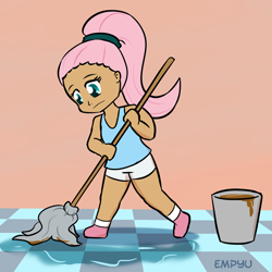 Size: 1000x1000 | Tagged: safe, artist:empyu, fluttershy, human, humanized, mop, solo