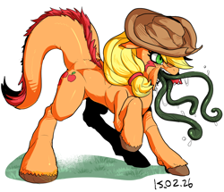 Size: 1048x903 | Tagged: safe, artist:nekubi, derpibooru import, applejack, earth pony, monster pony, original species, pony, tatzlpony, angry, drool, raised hoof, solo, tatzljack, tentacle tongue, tentacles