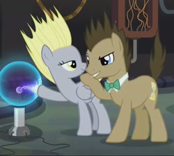 Size: 736x662 | Tagged: safe, screencap, derpy hooves, doctor whooves, earth pony, pegasus, pony, slice of life (episode), bowtie, cropped, female, laboratory, male, mare, plasma ball, shipping fuel, stallion, static electricity, together