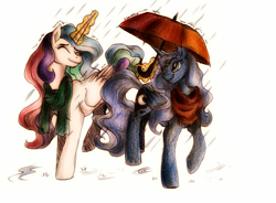 Size: 1014x748 | Tagged: safe, artist:buttersprinkle, princess celestia, princess luna, alicorn, pony, clothes, colored pencil drawing, duo, female, magic, mare, rain, scarf, siblings, sisters, smiling, telekinesis, traditional art, umbrella