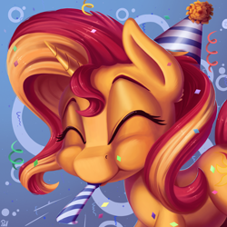 Size: 3000x3000 | Tagged: safe, artist:pirill, derpy hooves, sunset shimmer, pony, unicorn, :t, abstract background, birthday, cheek fluff, confetti, cute, ear fluff, eyes closed, female, fluffy, gift art, happy, hat, mare, noisemaker, party hat, party horn, puffy cheeks, shimmerbetes, smiling, solo, streamers, when you see it
