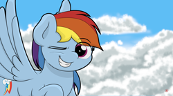 Size: 5100x2833 | Tagged: safe, artist:ljdamz1119, derpibooru import, rainbow dash, pegasus, pony, cloud, female, grin, mare, one eye closed, smiling, solo, wink