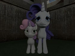 Size: 1024x768 | Tagged: safe, artist:sonic5421, rarity, sweetie belle, pony, unicorn, 3d, basement, gmod, scared, worried