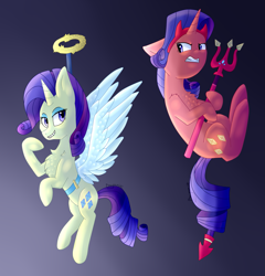 Size: 1603x1667 | Tagged: safe, artist:bayanik, rarity, pony, unicorn, the saddle row review, angel rarity, devil rarity