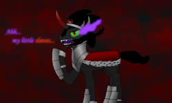 Size: 900x544 | Tagged: safe, artist:stormbadger, derpibooru import, king sombra, pony, unicorn, black mane, male, sharp teeth, sombra eyes, stallion