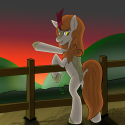 Size: 4096x4096 | Tagged: safe, artist:fireryd3r, autumn blaze, kirin, awwtumn blaze, beautiful, bipedal, cute, dock, female, fence, gate, glowing eyes, golden eyes, hill, looking at you, looking back, looking back at you, open mouth, pointing, raised hoof, solo, sunset, underhoof, view