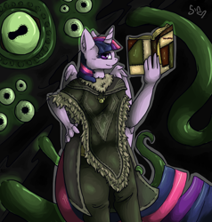 Size: 950x1000 | Tagged: dead source, safe, artist:poisindoodles, derpibooru import, twilight sparkle, twilight sparkle (alicorn), alicorn, anthro, book, clothes, crossover, daedra, daedric prince, dragonborn, eyes, female, hermaeus mora, oghma infinium, robe, robes, skyrim, tentacles, the elder scrolls, the implications are horrible