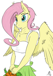 Size: 1200x1725 | Tagged: safe, artist:almonddragon, artist:rinku, color edit, edit, fluttershy, anthro, basket, carrot, cleavage, clothes, colored, equestria girls outfit, female, smiling, solo, spread wings, tanktop