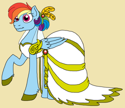 Size: 1552x1344 | Tagged: safe, artist:rosefang16, derpibooru import, rainbow dash, pegasus, pony, alternate hairstyle, clothes, dress, female, fluffy, hoof shoes, mare, ponytail, raised hoof, simple background, solo, wedding dress, yellow background