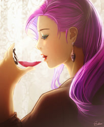 Size: 500x610 | Tagged: safe, artist:esther, artist:esther-shen, rarity, human, alcohol, drinking, ear piercing, earring, eyeshadow, humanized, jewelry, lipstick, makeup, piercing, pink hair, solo, wine