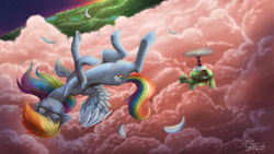 Size: 1024x576 | Tagged: safe, artist:amberswirl, derpibooru import, rainbow dash, tank, pegasus, pony, cloud, cloudy, drifting, eyes closed, flying, on back, scenery