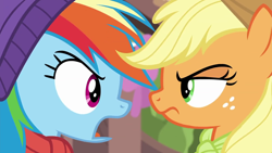 Size: 1280x720 | Tagged: safe, derpibooru import, screencap, applejack, rainbow dash, earth pony, pegasus, pony, best gift ever, triple pony dare ya, angry, close-up, duo, female, freckles, glare, mare, rivalry