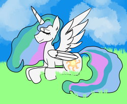 Size: 1100x900 | Tagged: safe, artist:i-draw-somethings, princess celestia, alicorn, pony, female, horn, mare, missing accessory, multicolored mane, multicolored tail, solo, white coat, white wings, wings
