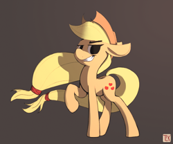 Size: 1300x1080 | Tagged: safe, artist:teknibaal, applejack, earth pony, pony, female, floppy ears, hat, mare, raised hoof, simple background, smiling, smirk, solo, standing, three quarter view, windswept mane