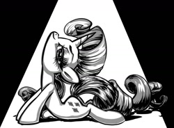 Size: 1280x942 | Tagged: safe, artist:kabukihomewood, rarity, pony, unicorn, backbend, black and white, cobra stretch, flexible, grayscale, monochrome
