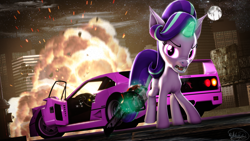 Size: 3840x2160 | Tagged: safe, artist:whiteskyline, starlight glimmer, bat pony, pony, the ending of the end, chainsaw, city, explosion, female, ferrari f40, looking at you, moon, solo, starlight glimmer in places she shouldn't be