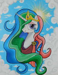 Size: 1024x1313 | Tagged: safe, artist:deadliestvenom, princess celestia, alicorn, pony, female, horn, mare, multicolored mane, solo, traditional art, white coat