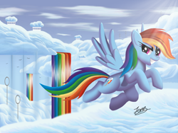 Size: 2000x1500 | Tagged: safe, artist:duskie-06, derpibooru import, rainbow dash, pegasus, pony, cloudsdale, flying, hoop, rainbow, rainbow waterfall, solo