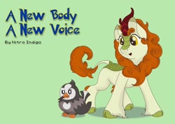 Size: 1280x905 | Tagged: safe, artist:moonlightfan, autumn blaze, kirin, fanfic, fanfic art, fanfic cover, pokémon, starly