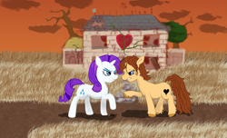 Size: 2629x1600 | Tagged: safe, artist:sect-neko, rarity, oc, oc:heartbreak, earth pony, pony, unicorn, abandoned, blue eyes, branding, cloud, duo, female, gold, grass, gritted teeth, hat, heart, hole, house, human in equestria, human to pony, male to female, mare, messy mane, my little heartbreak, rule 63, teeth, tree, vine, weather vane