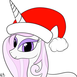 Size: 1200x1200 | Tagged: safe, artist:greseres, derpibooru import, fleur-de-lis, pony, unicorn, christmas, hat, holiday, santa hat, simple background, skunk stripe, solo, white background