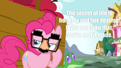 Size: 1050x590 | Tagged: safe, gummy, pinkie pie, earth pony, pony, groucho marx, groucho mask, image macro, meme, quote