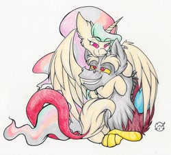 Size: 2084x1887 | Tagged: safe, artist:nekotigerfire, discord, princess celestia, alicorn, pony, dislestia, female, grin, hug, male, prone, shipping, smiling, snuggling, straight, traditional art, winghug