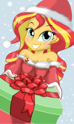 Size: 3040x5060 | Tagged: safe, artist:theroyalprincesses, sunset shimmer, equestria girls, bare shoulders, christmas, holiday, looking at you, smiling, solo