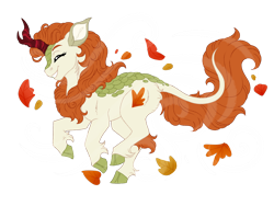 Size: 1024x768 | Tagged: safe, artist:azure-art-wave, autumn blaze, kirin, eyes closed, female, grin, leaves, running, simple background, smiling, solo, transparent background