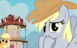 Size: 7000x4375 | Tagged: safe, artist:blackgryph0n, applejack, derpy hooves, earth pony, pony, the last roundup, accessory theft, applejack's hat, confused, cowboy hat, cute, derpabetes, hat, i just don't know what went wrong, show accurate, stetson