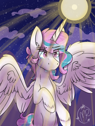 Size: 3000x4000 | Tagged: safe, artist:bloodcraftff, princess celestia, alicorn, pony, crying, flying, magic, solo, unshorn fetlocks