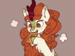 Size: 1600x1200 | Tagged: safe, artist:nodambol, autumn blaze, fish, kirin, awwtumn blaze, bust, cute, eating, female, gray background, open mouth, simple background, solo, taiyaki