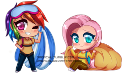 Size: 800x471 | Tagged: safe, artist:dreachu, derpibooru import, fluttershy, rainbow dash, human, air ponyville, blushing, chibi, clothes, cute, dashabetes, female, goggles, hand on hip, humanized, looking at you, one eye closed, pants, parachute, shirt, shyabetes, simple background, smiling, transparent background, wink