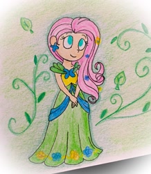 Size: 1024x1176 | Tagged: safe, artist:candycorporation, fluttershy, human, clothes, dress, gala dress, humanized, solo, traditional art