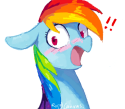 Size: 840x733 | Tagged: safe, artist:rocy canvas, derpibooru import, rainbow dash, pegasus, pony, exclamation point, floppy ears, simple background, solo, surprised, white background