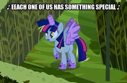 Size: 494x324 | Tagged: safe, edit, edited screencap, screencap, derpy hooves, pony, scare master, alicorn costume, caption, clothes, corn maze, costume, cropped, fake horn, fake wings, image macro, let the rainbow remind you, maze, nightmare night costume, singing, solo, song, text, toilet paper roll horn, twilight muffins, twilight sparkle costume, wig, wings