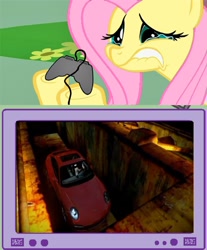 Size: 1430x1728 | Tagged: safe, fluttershy, pegasus, pony, car, car crusher, controller, exploitable meme, female, fluttercry, gamershy, hoof hold, jack rourke, lip bite, mare, meme, need for speed, need for speed the run, obligatory pony, pink mane, porsche 911 carrera, teary eyes, teeth, tv meme, yellow coat