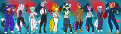 Size: 3000x840 | Tagged: safe, artist:kaemantis, derpibooru import, adagio dazzle, babs seed, berry punch, berryshine, fiddlesticks, fleur-de-lis, lyra heartstrings, plaid stripes, silver spoon, zesty gourmand, oc, anthro, earth pony, mule, muleicorn, unguligrade anthro, unicorn, apple family member, boots, breasts, clothes, female, flower, looking at you, mare, older, older babs seed, older plaid stripes, older silver spoon, rose, shoes, smiling, suit, sword, uniform, weapon