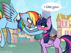 Size: 1024x768 | Tagged: safe, artist:modbear, derpibooru import, rainbow dash, twilight sparkle, twilight sparkle (alicorn), alicorn, pegasus, pony, blushing, dialogue, female, flying, glare, lesbian, looking at each other, mare, missing cutie mark, shipping, twidash