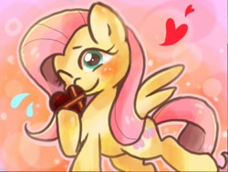 Size: 512x387 | Tagged: safe, artist:miki 14, fluttershy, pegasus, pony, chocolate, heart, solo